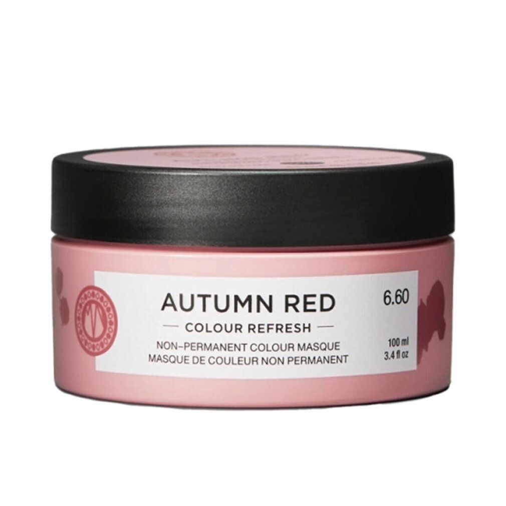 Barattolo rosa con coperchio nero. Scritta: AUTUMN RED, COLOUR REFRESH. Testo: MASQUE DE COULEUR NON PERMANENT. 6.60, 100 ml.