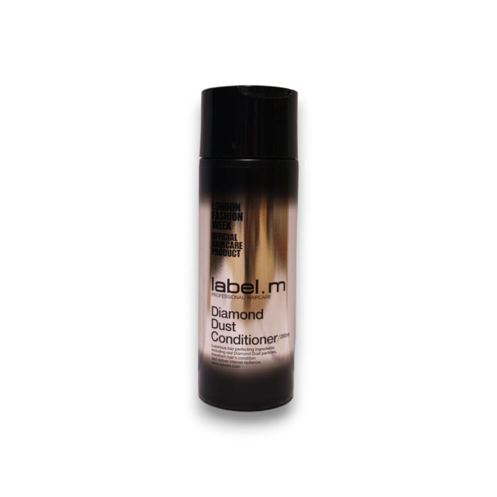 Label.m Diamond Dust Conditioner. Flacone nero sfumato argento. Nome del prodotto e logo visibili.