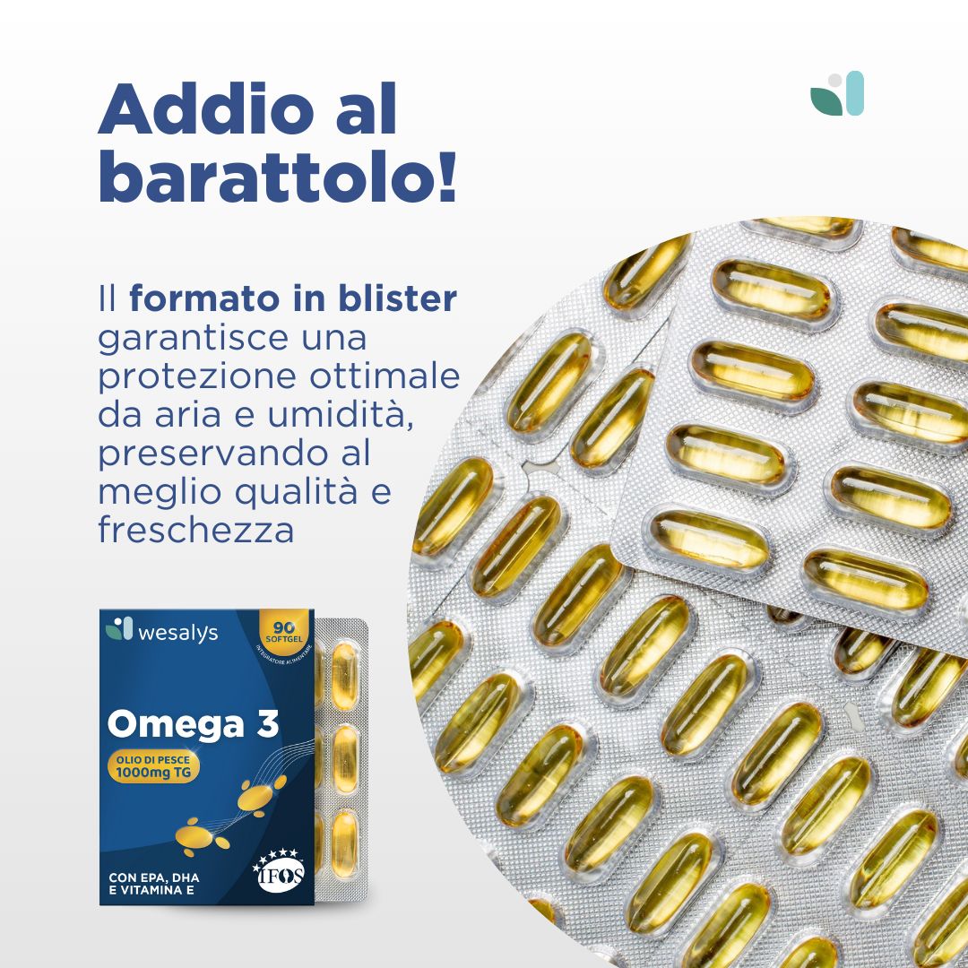 Blister di capsule Omega 3. Confezione prodotto con capsule. Testo: Omega 3, Olio di Pesce, 1000mg TG. Formato blister per protezione ottimale.