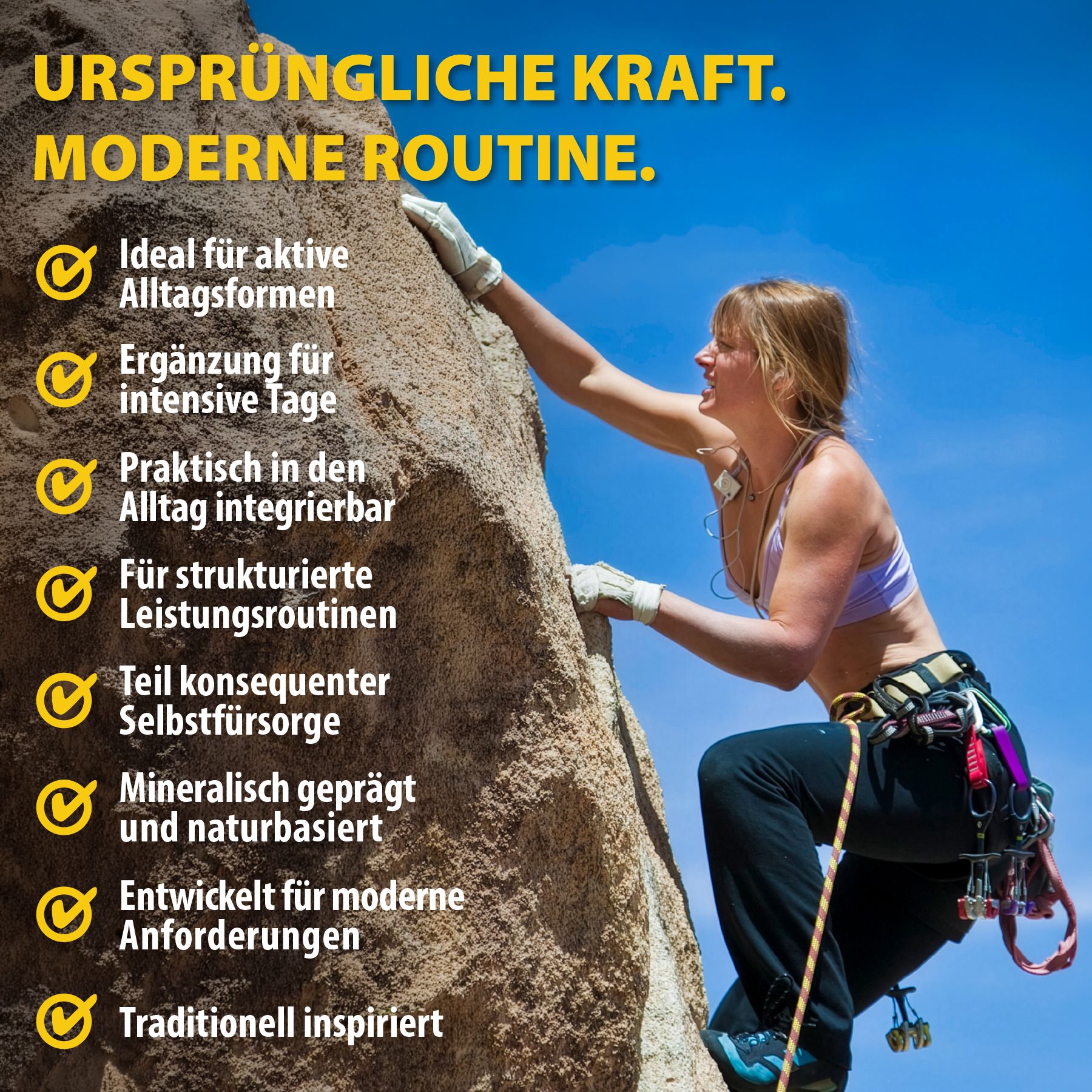 Donna che scala la roccia. Testo: Ideale per forme quotidiane attive, complemento per giornate intense, integrabile, ecc.