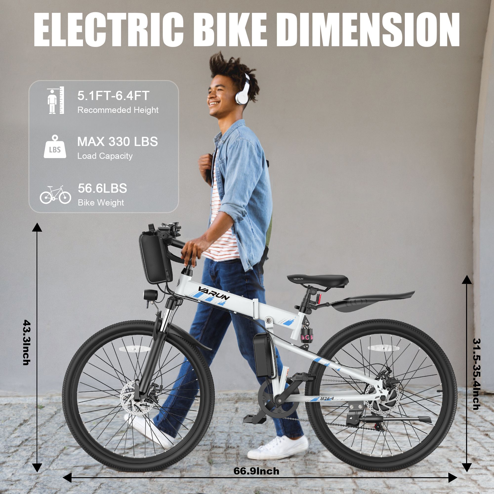 E-bike con telaio bianco. Dimensioni: 66,9 pollici di lunghezza, 43,3 pollici di altezza, 31,5-35,4 pollici di altezza. Testo: VARUN, max. 330 lbs, 56,6 lbs.