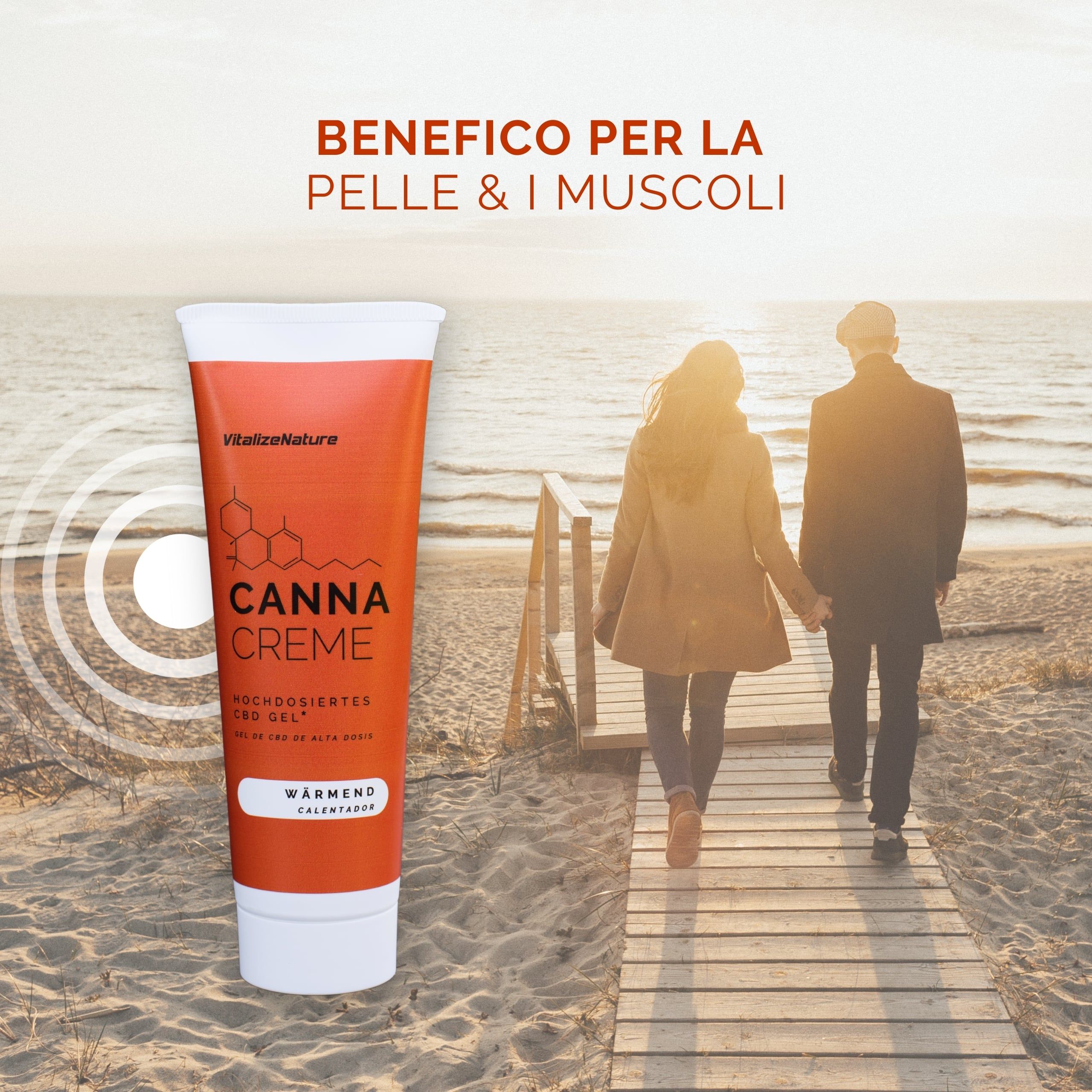 Due tubi. Testo: Canna Creme, rinfrescante e riscaldante. Due persone fanno jogging.