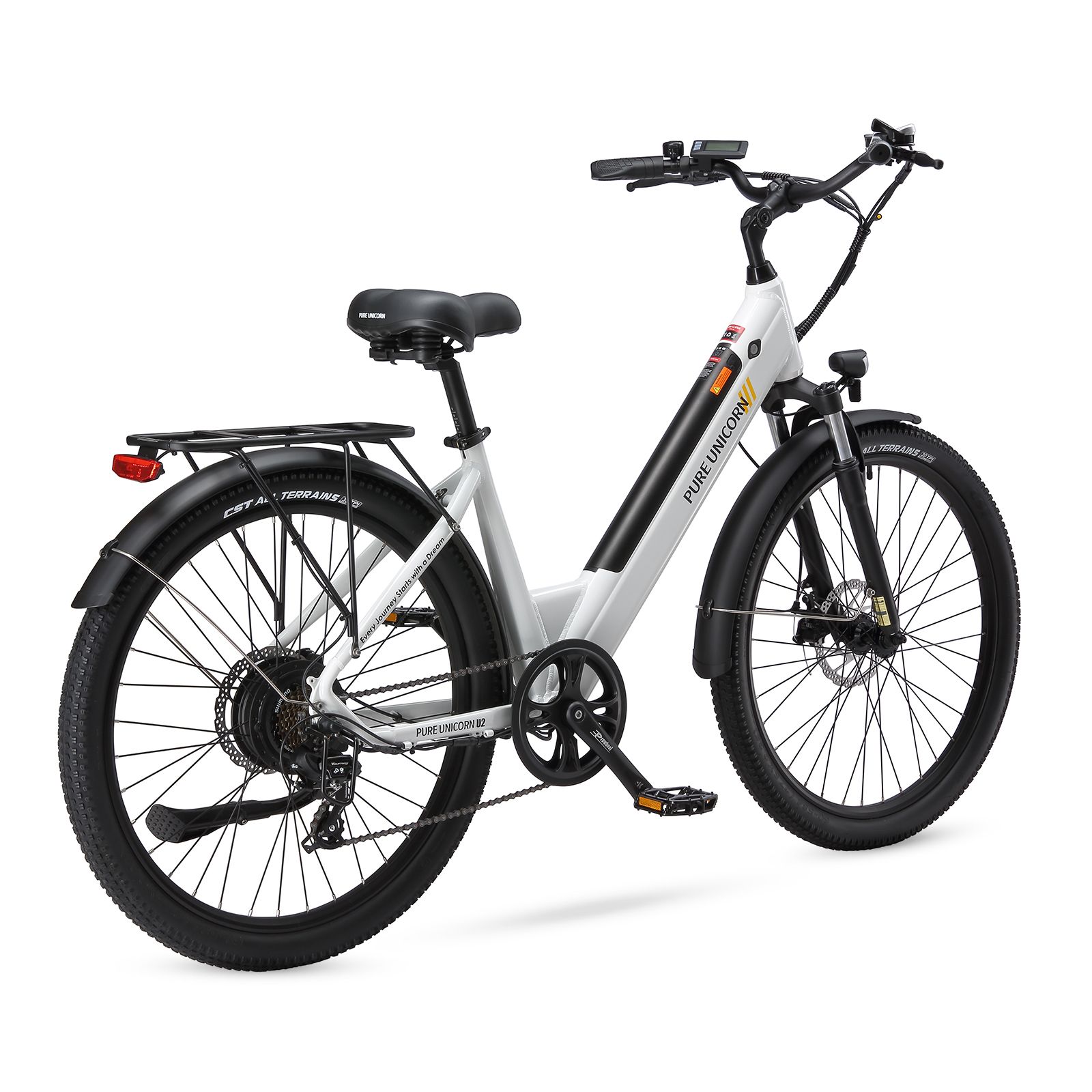 E-bike bianca con pneumatici neri e dettagli. Marca PURE UNICORN. Portapacchi e parafanghi.
