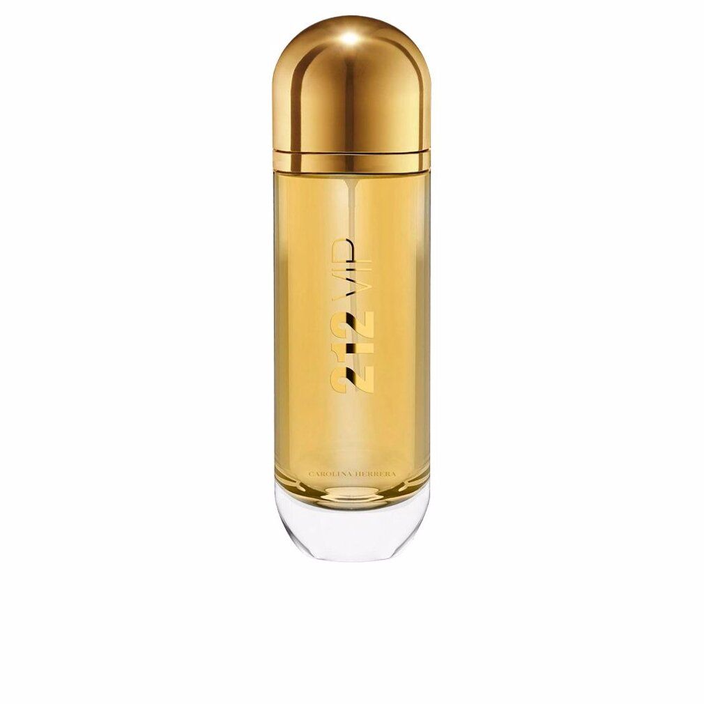 Flacone di profumo cilindrico con tappo dorato e base trasparente. Scritta: 212 VIP, Carolina Herrera.