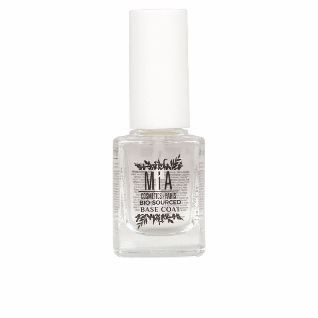 Flacone di smalto trasparente con tappo bianco. Scritta: MÍA Cosmetics Paris Bio-Sourced Base Coat.