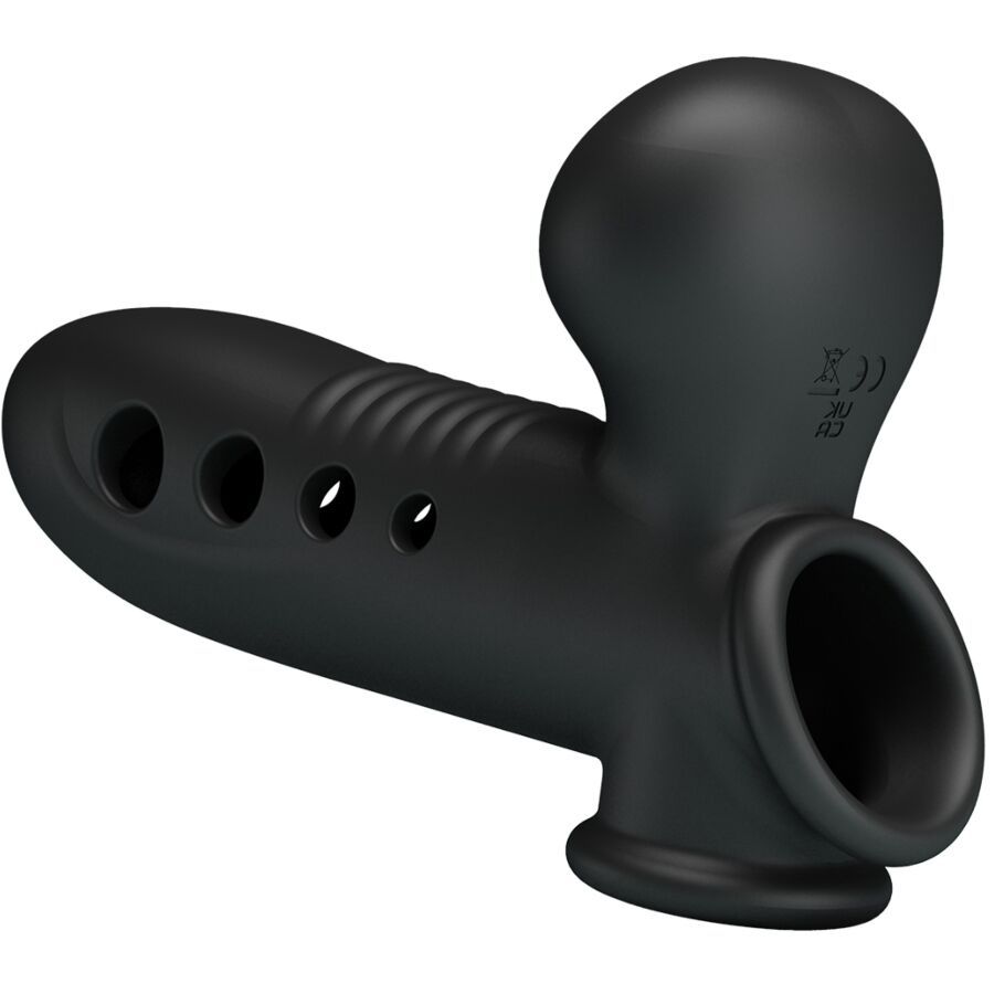 Anello per pene nero con corpo cavo, scanalature e marchio CE.