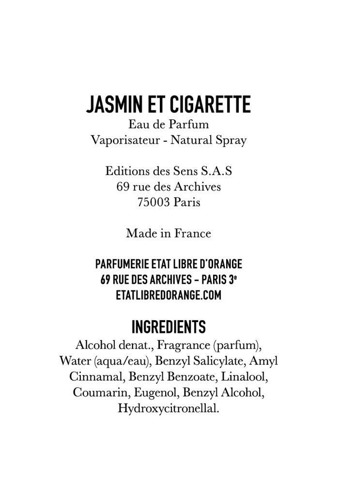 Testo su sfondo bianco. Elenco degli ingredienti e informazioni del produttore. Testo: Jasmin et Cigarette, Eau de Parfum, Natural Spray.