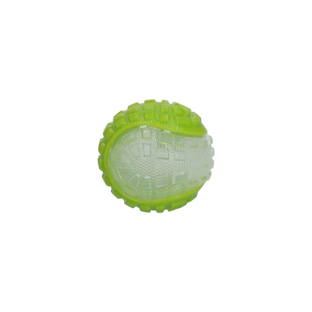 Palla verde luminosa con nucleo trasparente. Superficie con motivi quadrati e bordi in rilievo. Per cani.