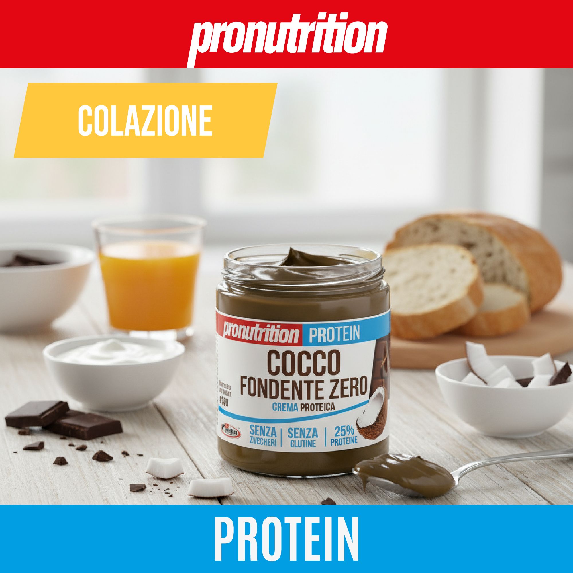 Vaso di crema cioccolato-cocco. Scritta: Cocco Fondente Zero. Accanto: pane, yogurt, succo d'arancia, cioccolato, scaglie di cocco. Testo: Colazione (colazione).