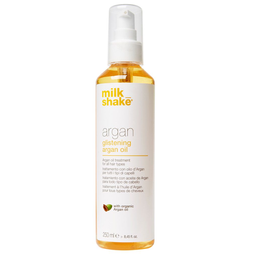 Trattamento olio per capelli in bottiglia con dosatore a pompa. Scritta: Milk Shake, Argan Glistening Argan Oil. 250 ml.