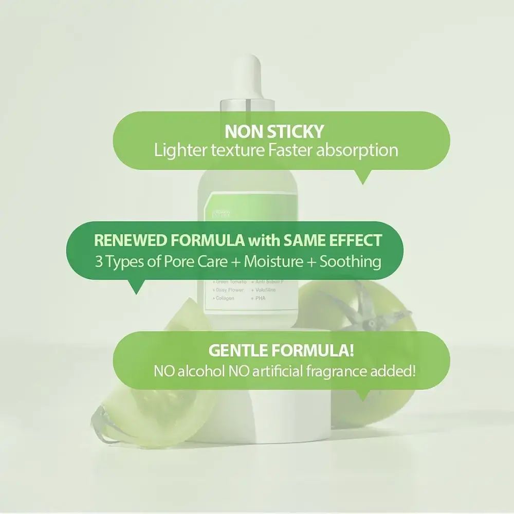 Fiala con pomodori verdi e testo. Testo: Non appiccicoso, formula delicata, formula rinnovata.