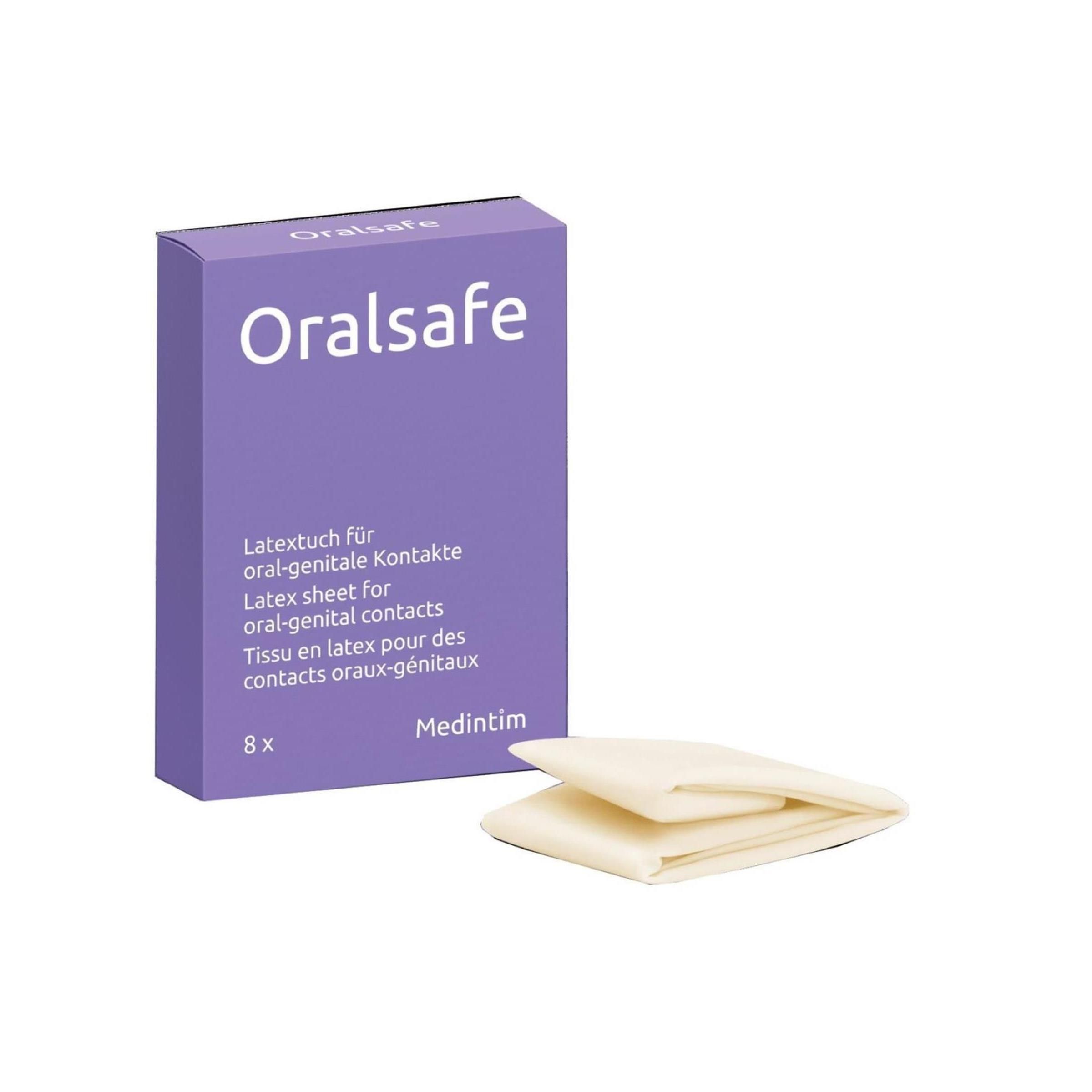Scatola viola con scritta bianca "Oralsafe". Sotto, fogli di lattice. 8 pezzi. Medintim.