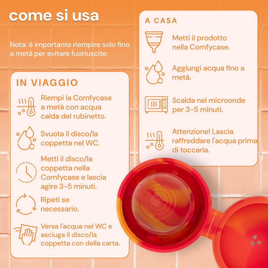 Contenitore sterilizzatore rosso e arancione per coppette e dischi mestruali, con effetto schizzi.