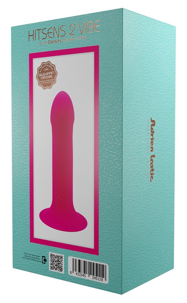 Vibratore rosa con ventosa nella confezione. Testo: HITSENS 2 VIBE, Adrien Lastic.