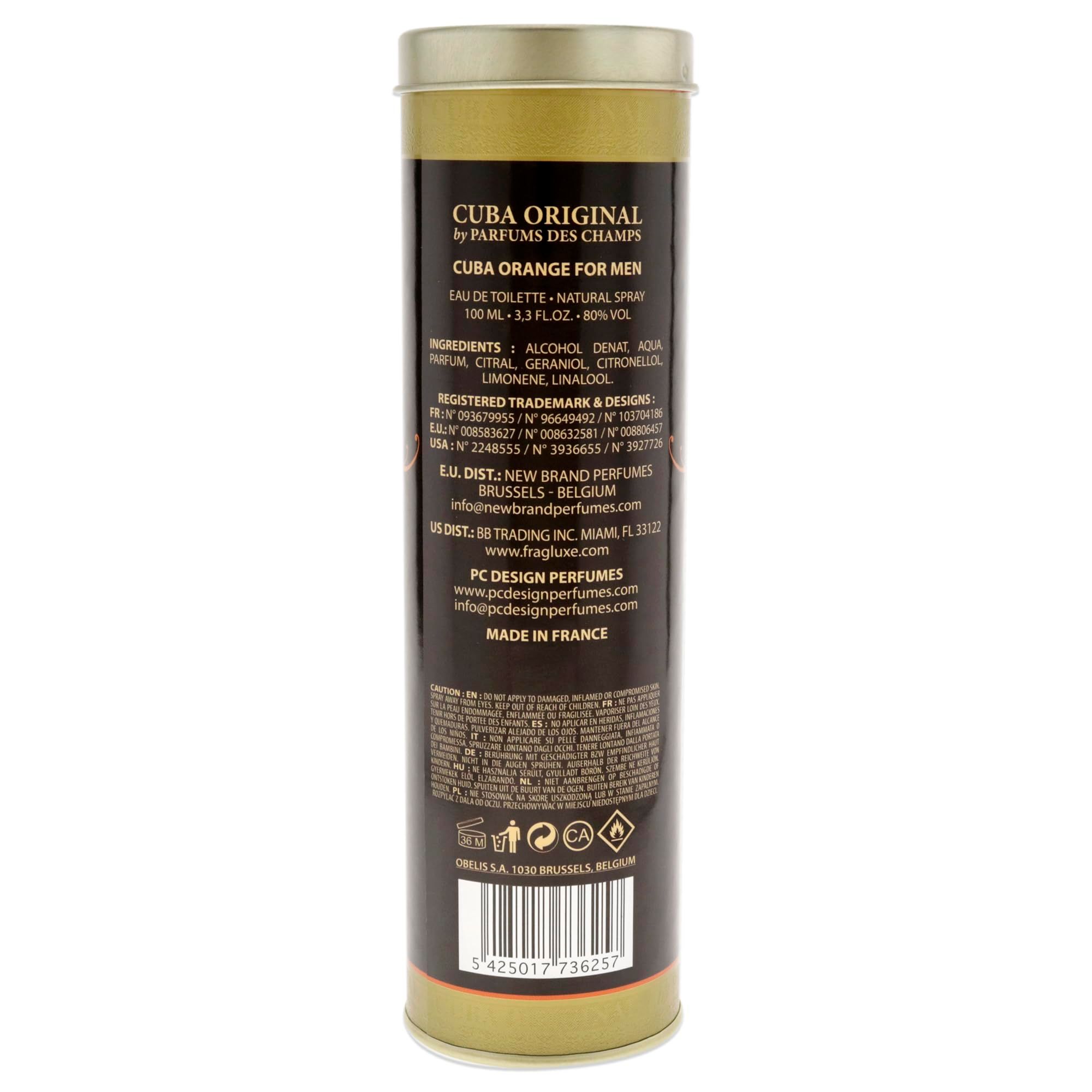 Retro della scatola di Eau de Toilette CUBA ORANGE. Testo con ingredienti e informazioni del produttore.