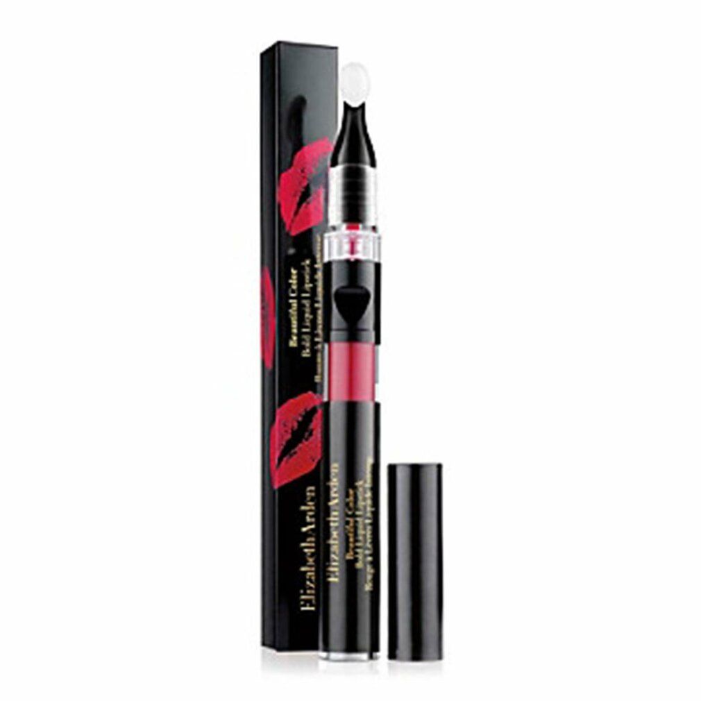 Rossetto liquido Elizabeth Arden, magenta. Confezione nera con impronta labbra rossa. Applicatore visibile.