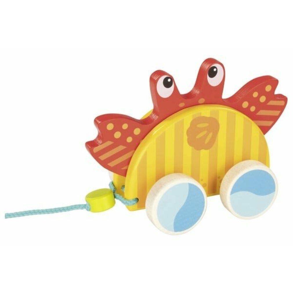 Granchio di legno con ruote e corda. Design giallo-arancione. Due ruote con dettagli blu. Chele rosse.