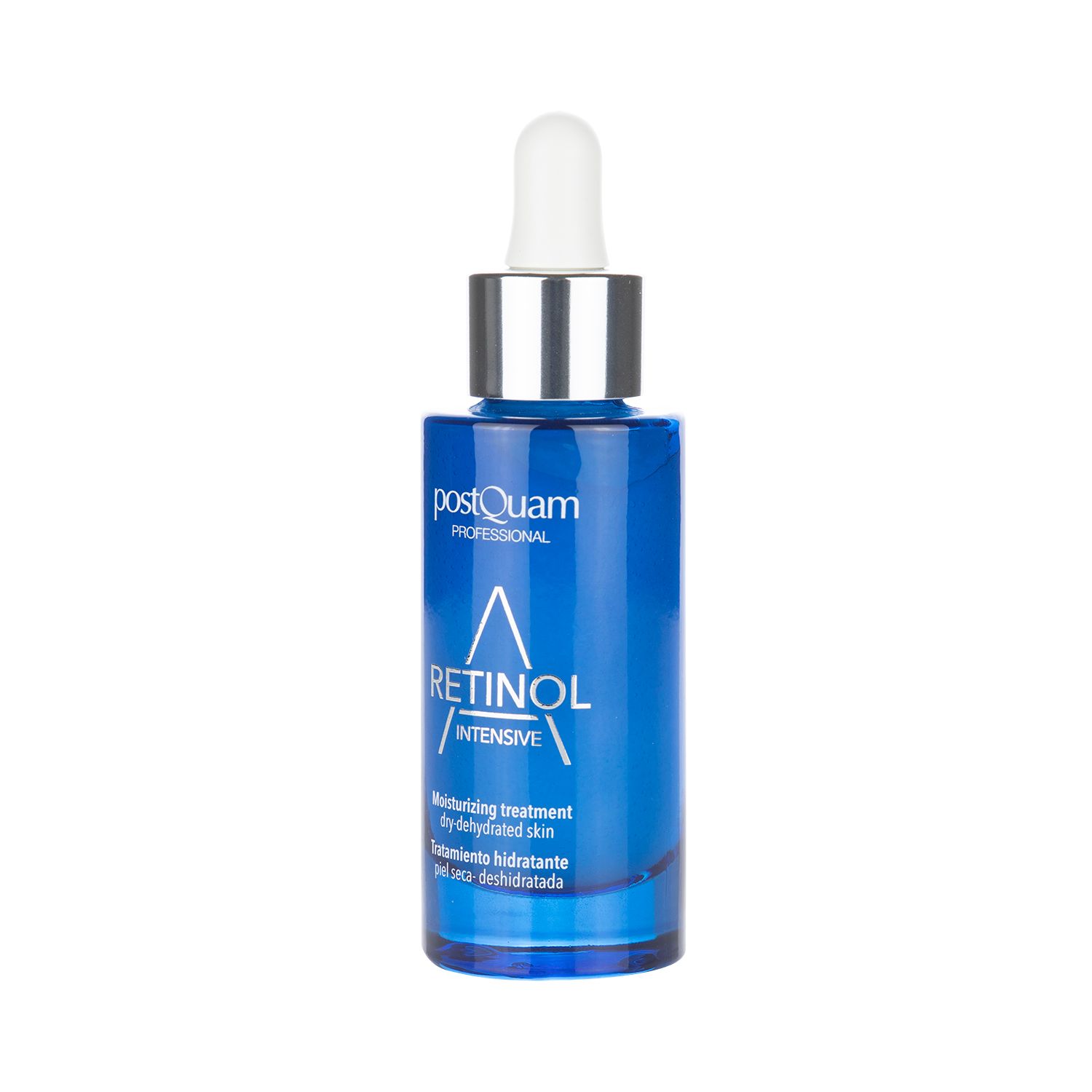 Flacone blu con pipetta. Scritta: Retinol Intensive, Postquam Professional. Trattamento idratante per pelle secca.
