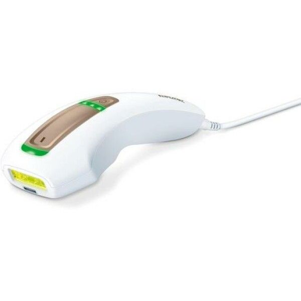 Dispositivo bianco per la depilazione. Dettagli marroni e verdi. Connessione via cavo. Indicatori luminosi visibili.