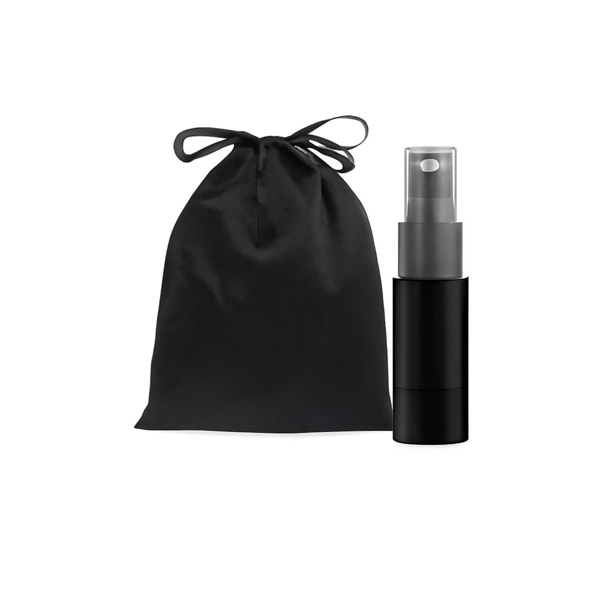 Bigodino in tessuto nero con fiocco, due elastici e una bottiglia spray.