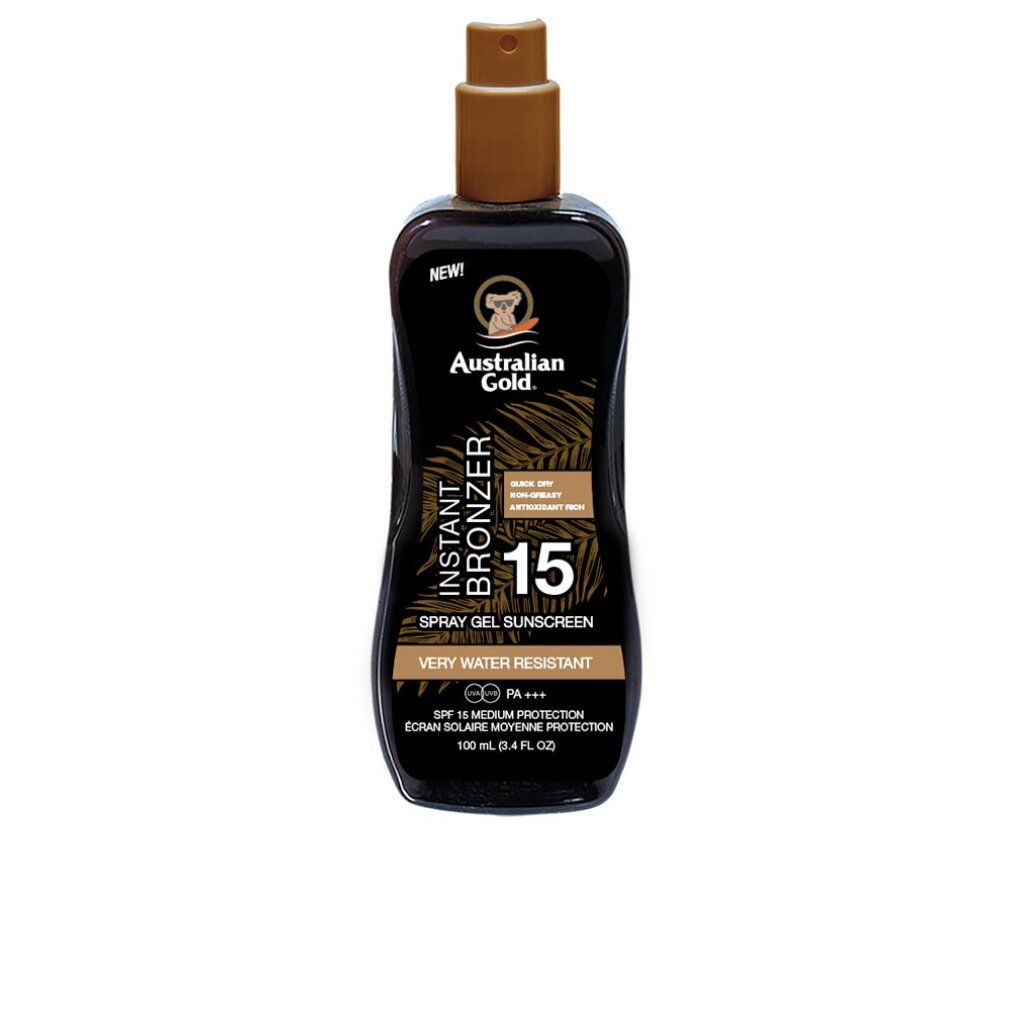 Flacone nero con vaporizzatore. Scritta: Australian Gold, Instant Bronzer, 15, Spray Gel Sunscreen. Molto resistente all'acqua.