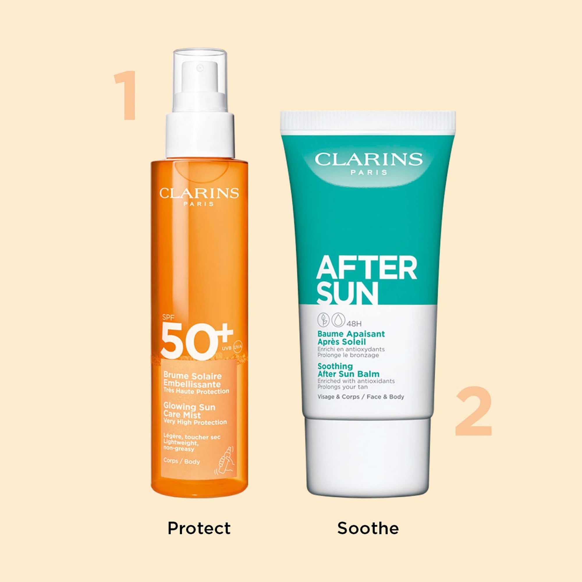 Due prodotti affiancati. A sinistra: Flacone spray arancione. A destra: Tubo. Testo: Clarins. Protect & Soothe.