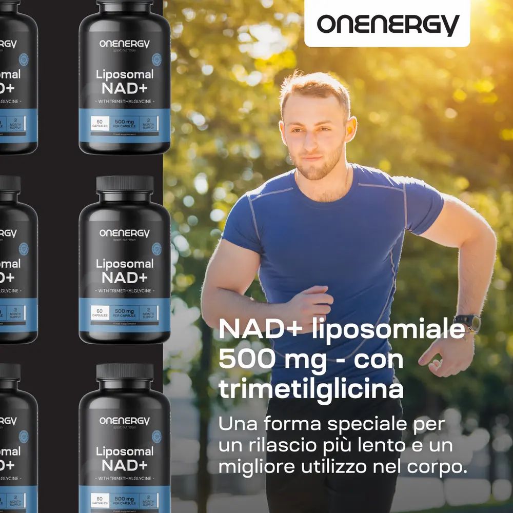 Uomo che corre. Sullo sfondo, flaconi di NAD+ liposomiale. Testo: NAD+ liposomiale 500 mg con trimetilglicina.