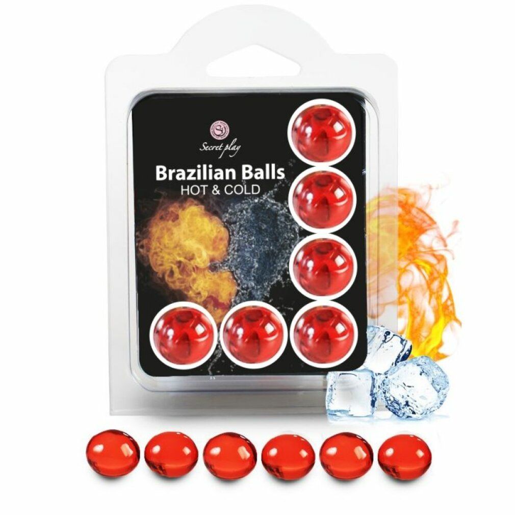 Sei sfere rosse in confezione. Scritta: Brazilian Balls HOT & COLD. Immagine di fuoco e ghiaccio.