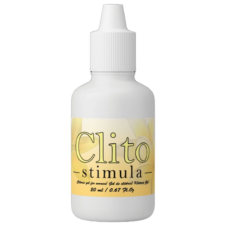 Flacone bianco con etichetta gialla. Scritta: Clito-Stimula. Volume: 20 ml / 0,67 Fl.Oz.