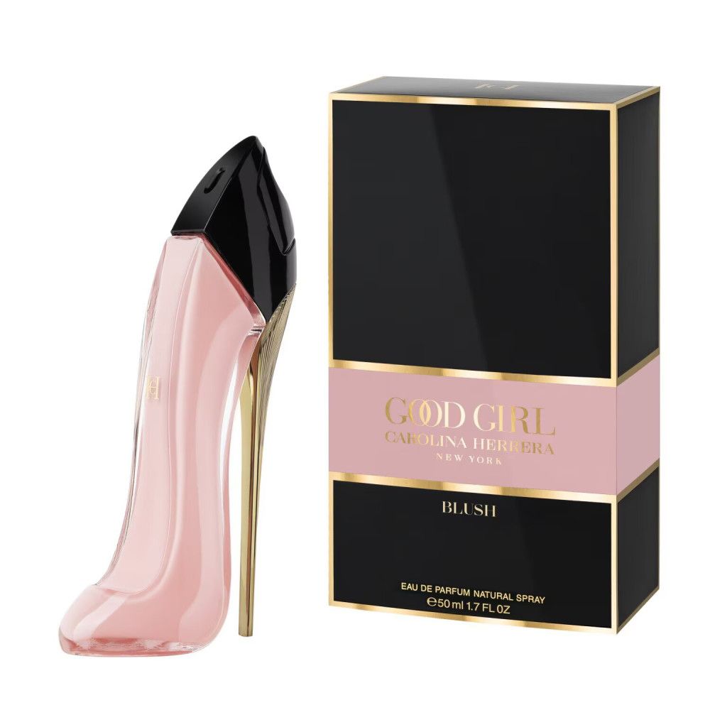 Flacone di profumo rosa a forma di scarpa e scatola nera. Scritta: GOOD GIRL BLUSH, Eau de Parfum.