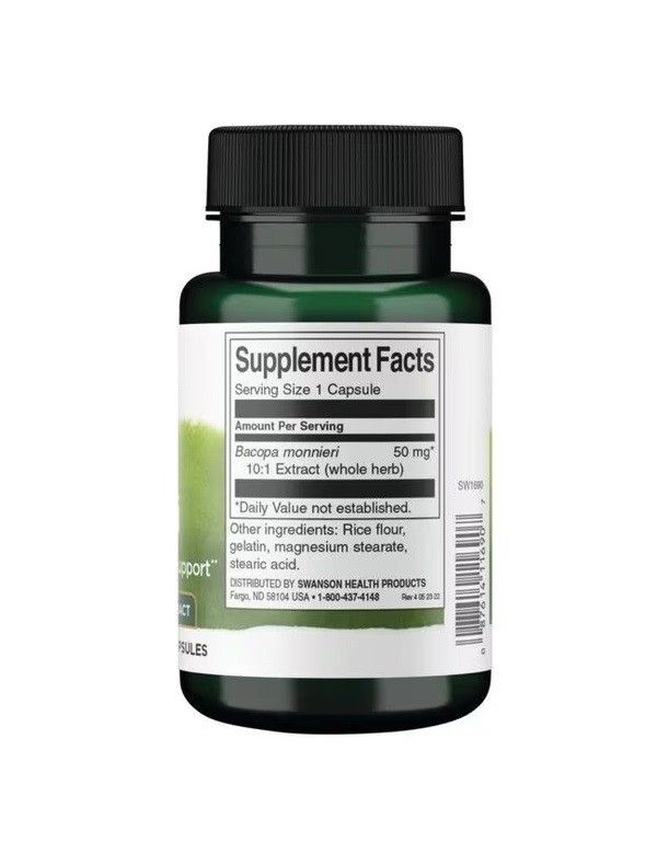 Retro di una bottiglia verde con tappo nero. Scritta: Supplement Facts. Contiene Bacopa Monnieri 50 mg.