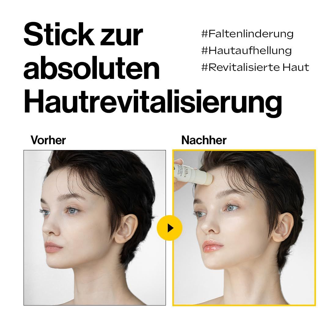 Viso di una donna prima e dopo l'applicazione. Testo: Stick per la rivitalizzazione della pelle. Hashtag: #rughe, #luminosità.