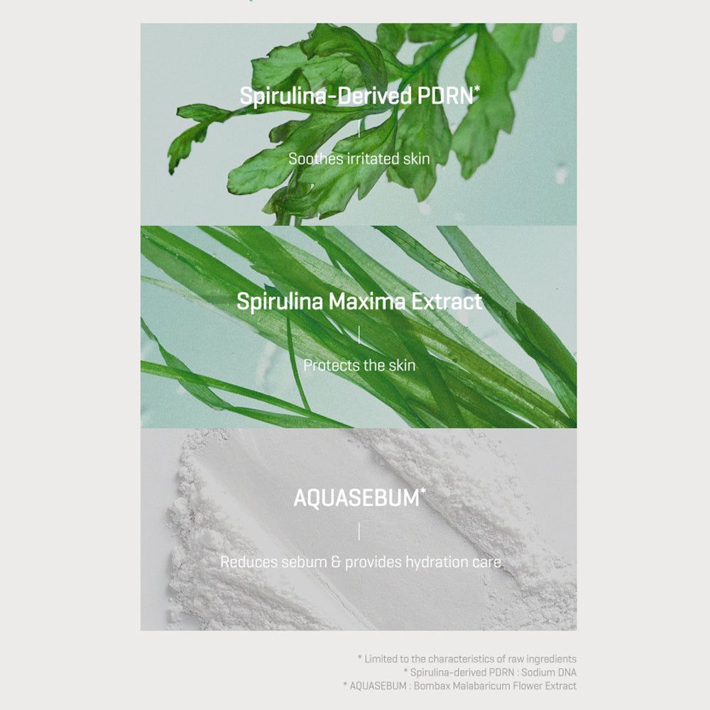 Grafico con ingredienti: Spirulina-PDRN, Spirulina Maxima Extract, AQUASEBUM. Descrive i loro effetti sulla pelle.