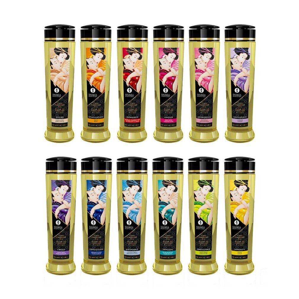 12 flaconi con tappo nero. Scritta SHUNGA. Motivo coppia. Colori diversi. Allineati.