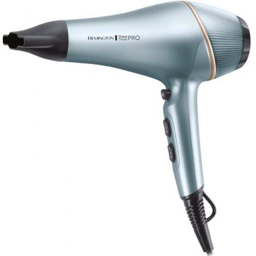 Asciugacapelli blu metallizzato. Marca: Remington Shine Therapy PRO. Cavo nero, tre interruttori.