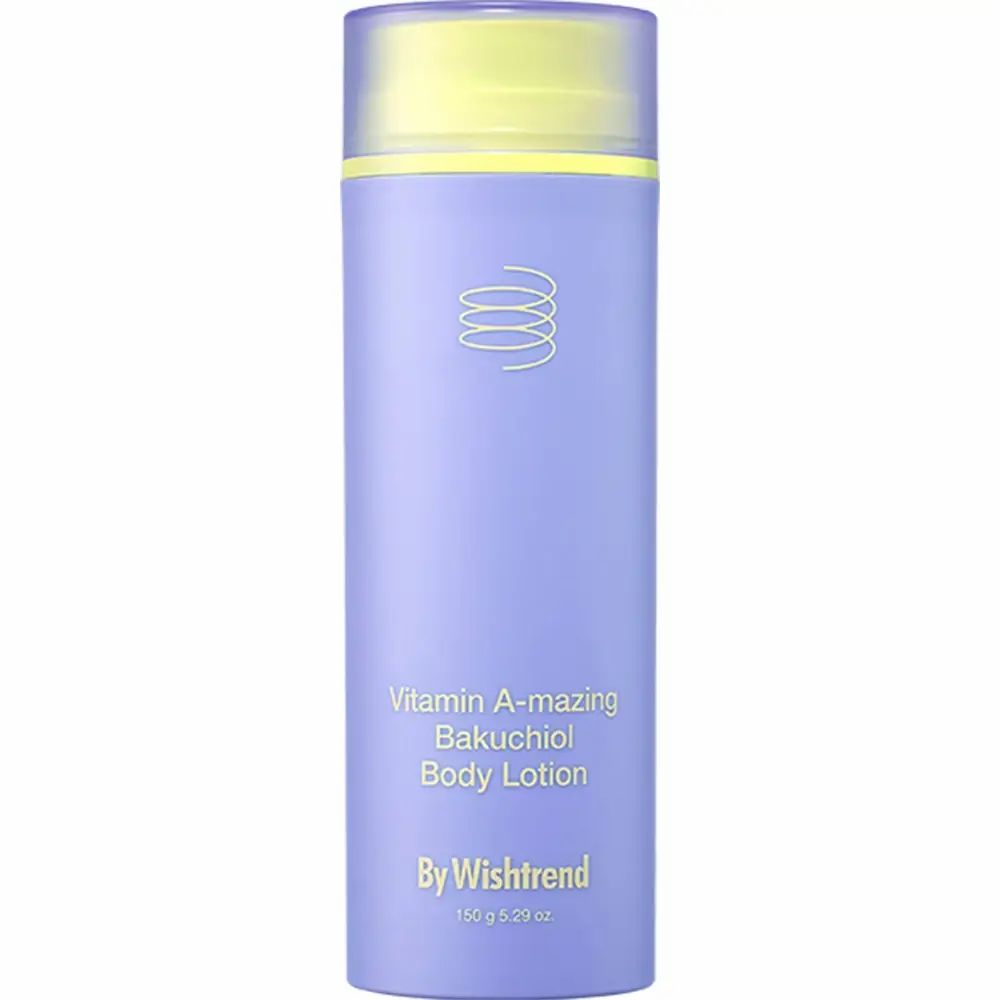 Flacone di By Wishtrend Vitamin A-mazing Bakuchiol Body Lotion. Flacone viola con tappo giallo. Testo: Vitamin A-mazing Bakuchiol Body Lotion.