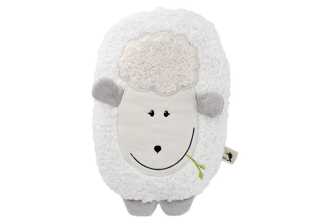 Peluche pecora morbida in tessuto bianco, con viso ricamato e un filo d'erba in bocca.