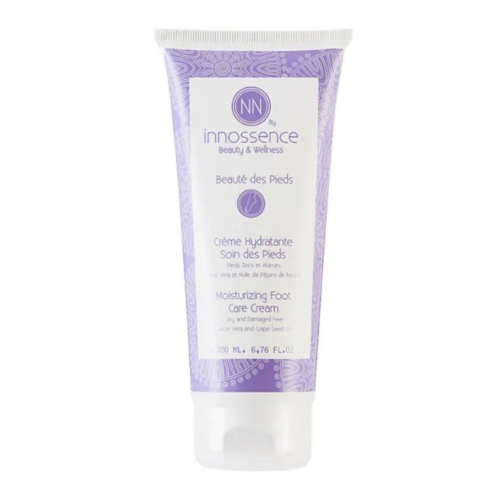 Tubo viola di Innossence Moisturizing Foot Care Cream. Testo: Crème Hydratante, Soin des Pieds, 200 ml.