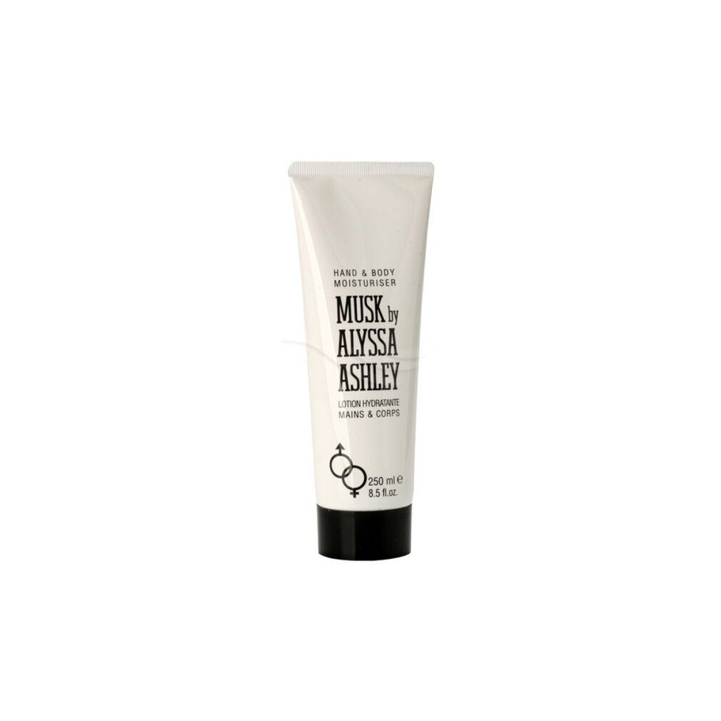 Lozione mani e corpo Musk by Alyssa Ashley. Tubo bianco con tappo nero. Testo: "Musk by Alyssa Ashley".