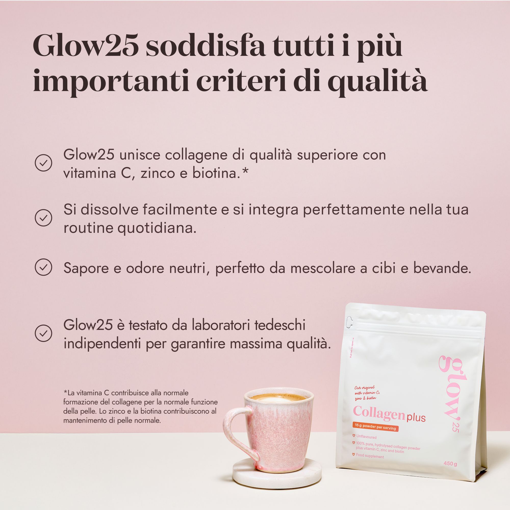 Istruzioni per l'uso di Glow25 Collagene Plus. La polvere viene aggiunta alla bevanda.