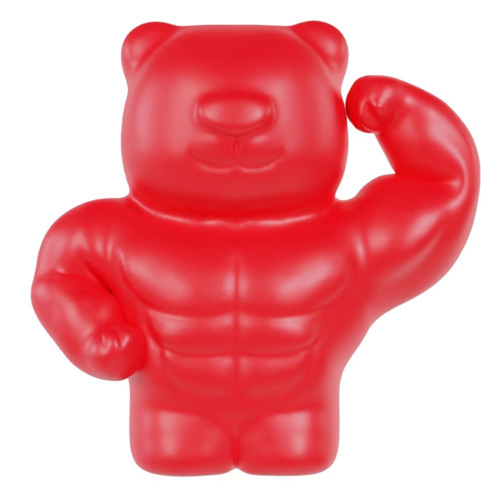 Orsetto gommoso rosso con corpo muscoloso. Braccia in posa da bicipiti. Sfondo bianco.