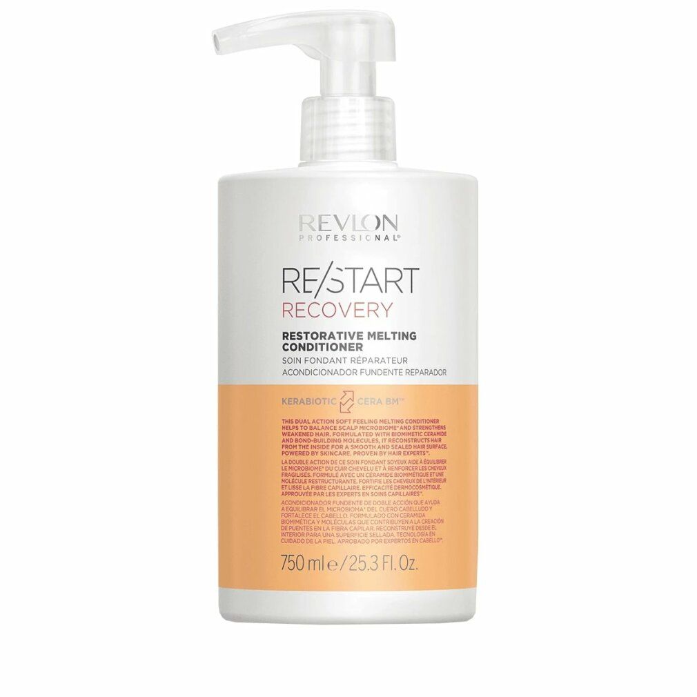 Flacone con dosatore a pompa. Scritta: Revlon Re/Start Recovery Restorative Melting Conditioner. 750 ml.