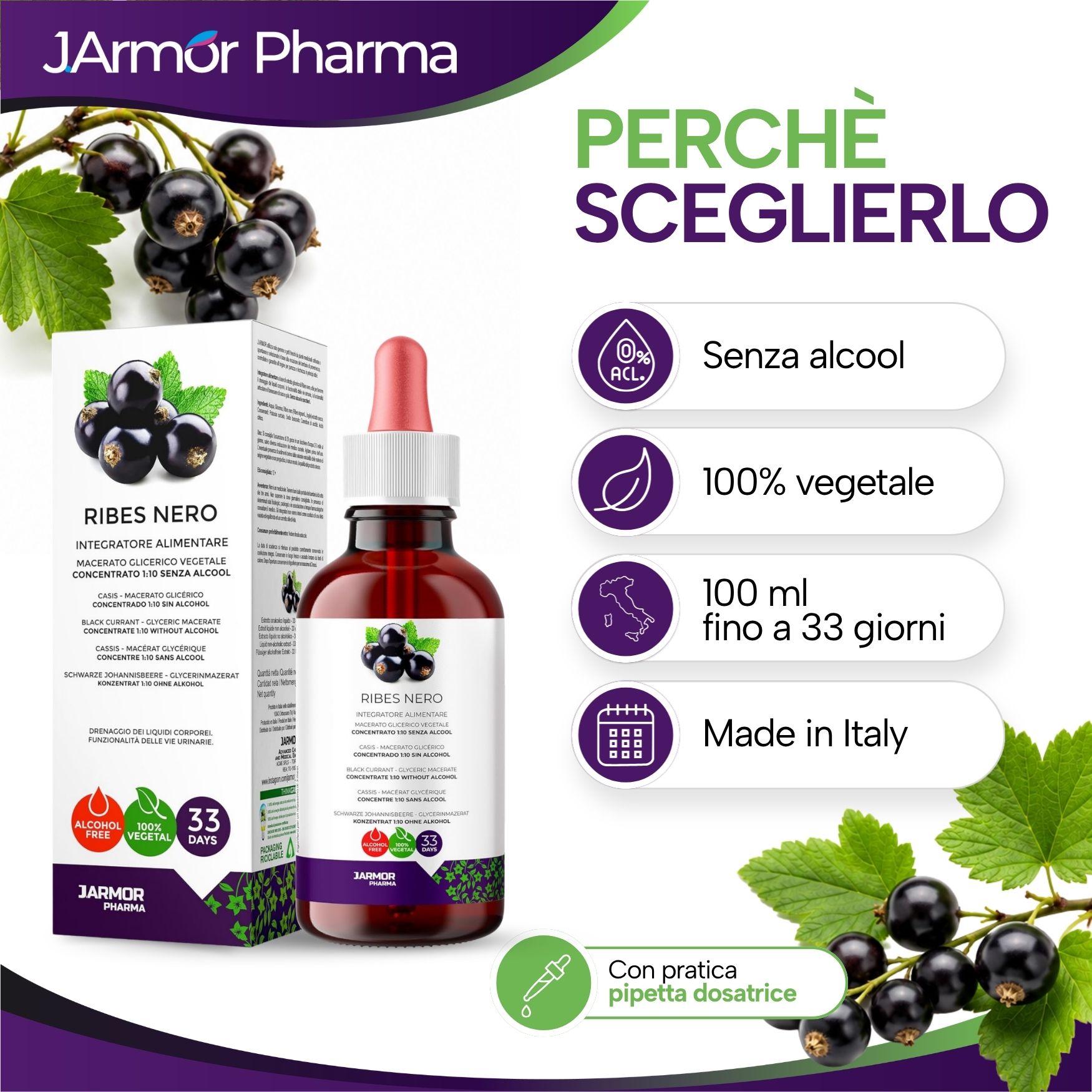 Flacone e scatola di gocce di ribes nero, con bacche e foglie.