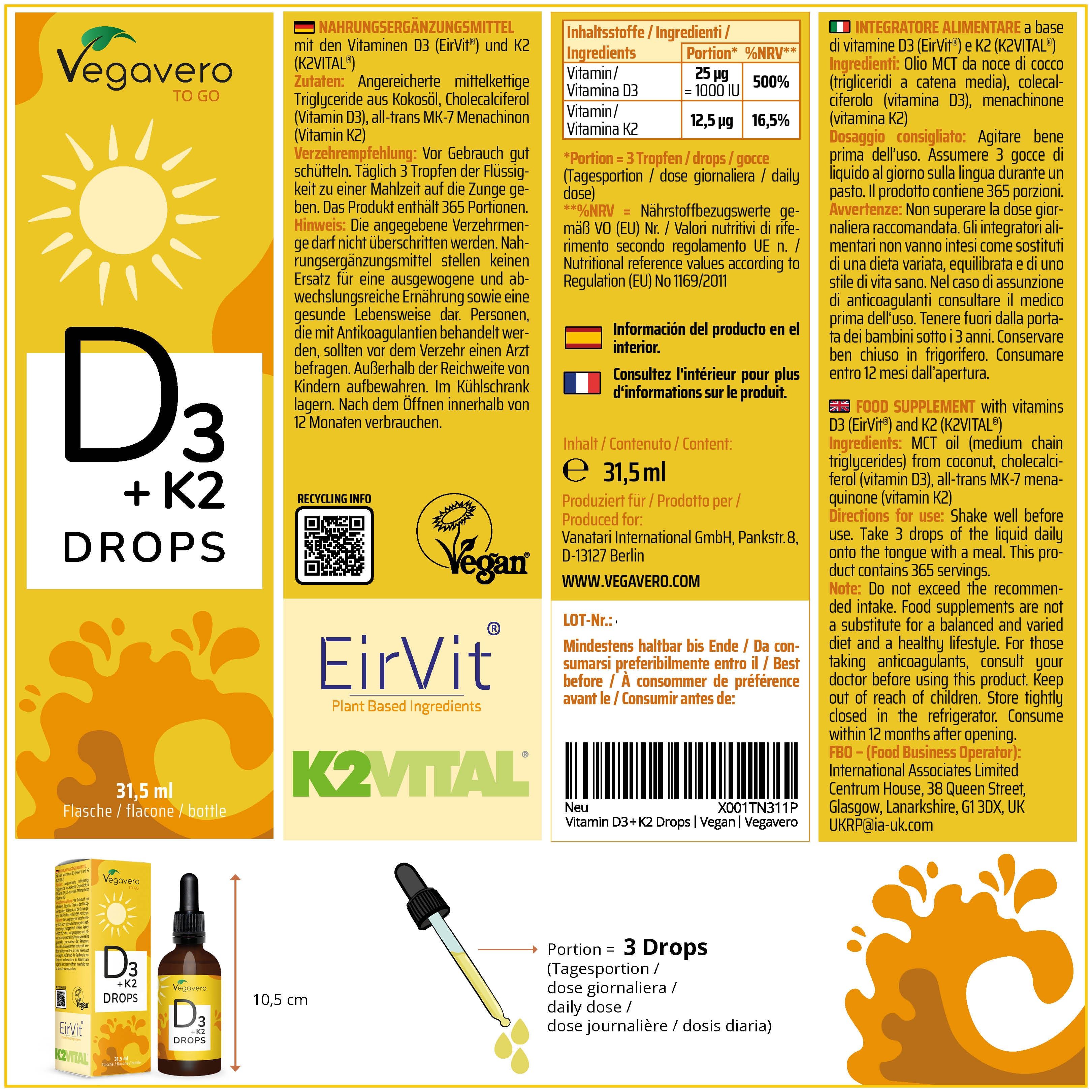 Retro della confezione delle gocce di Vitamina D3+K2 Vegavvero con informazioni nutrizionali e sigilli.