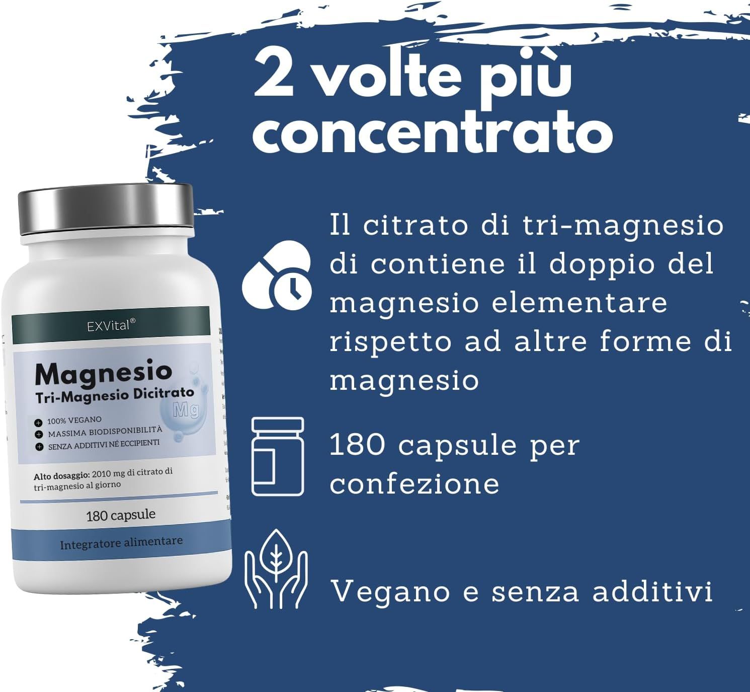 Flacone bianco con etichetta blu. Testo: EXVital, Magnesium Tri-Magnesium Dicitrat, 180 capsule. 2 volte più concentrato.