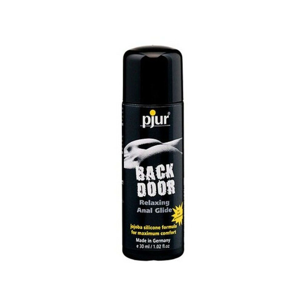 Flacone nero con tappo nero. Scritta: pjur, BACK DOOR, Relaxing Anal Glide, Jojoba silicone formula, 30 ml. Prodotto in Germania.