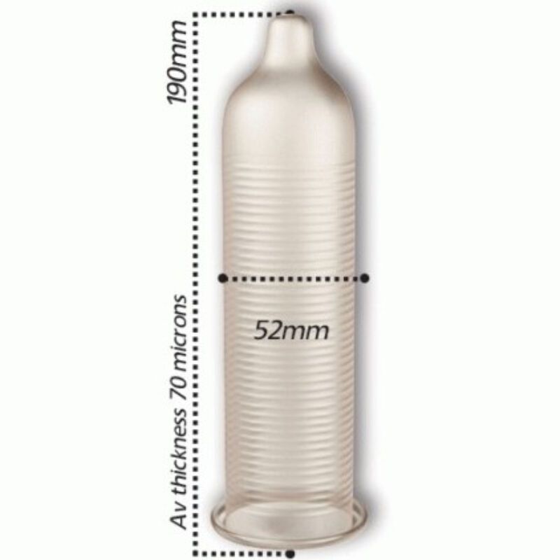 Dimensioni di un preservativo Pasante: lunghezza 190mm, larghezza 52mm.