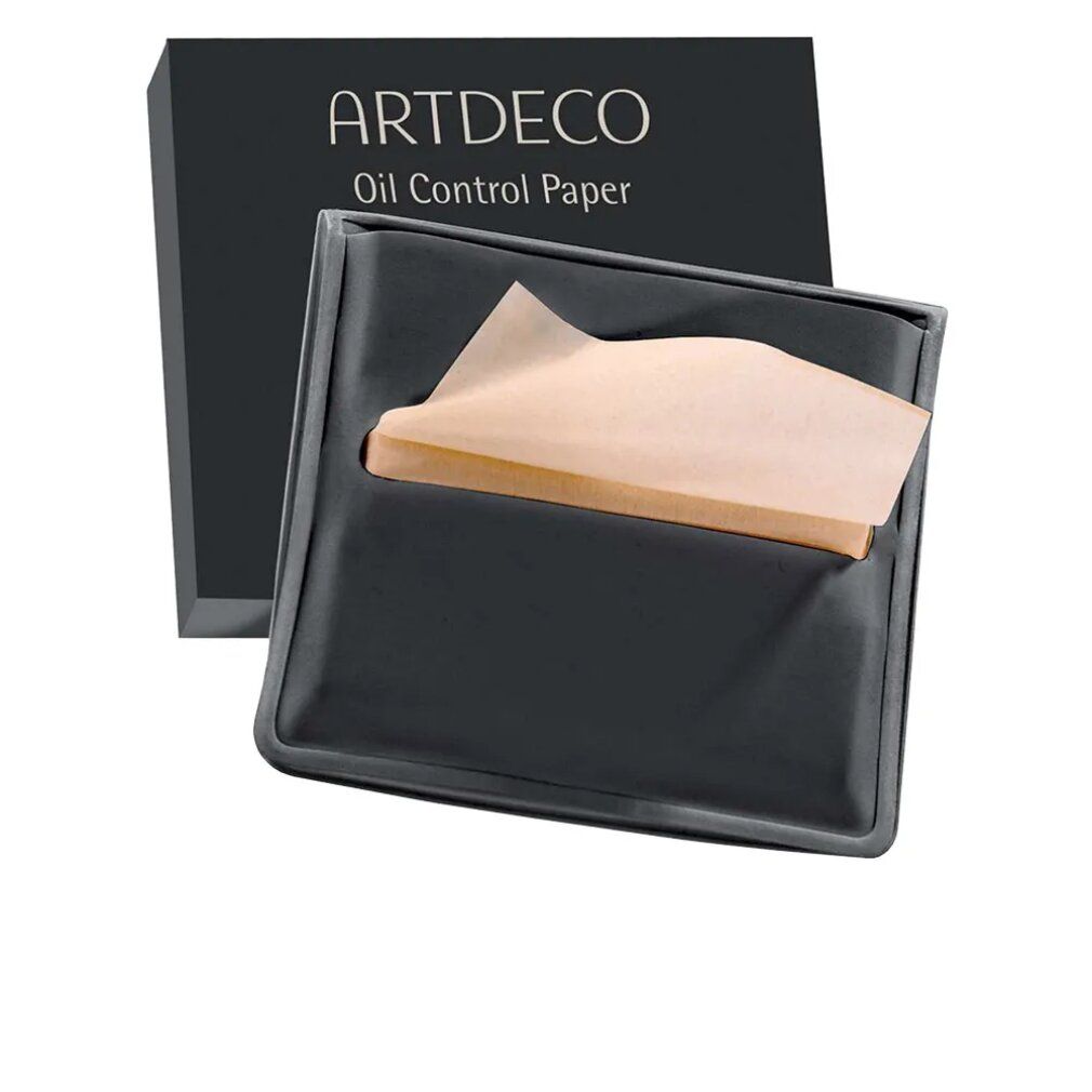Confezione nera con scritta "ARTDECO Oil Control Paper". Supporto nero con carta assorbente che sporge.
