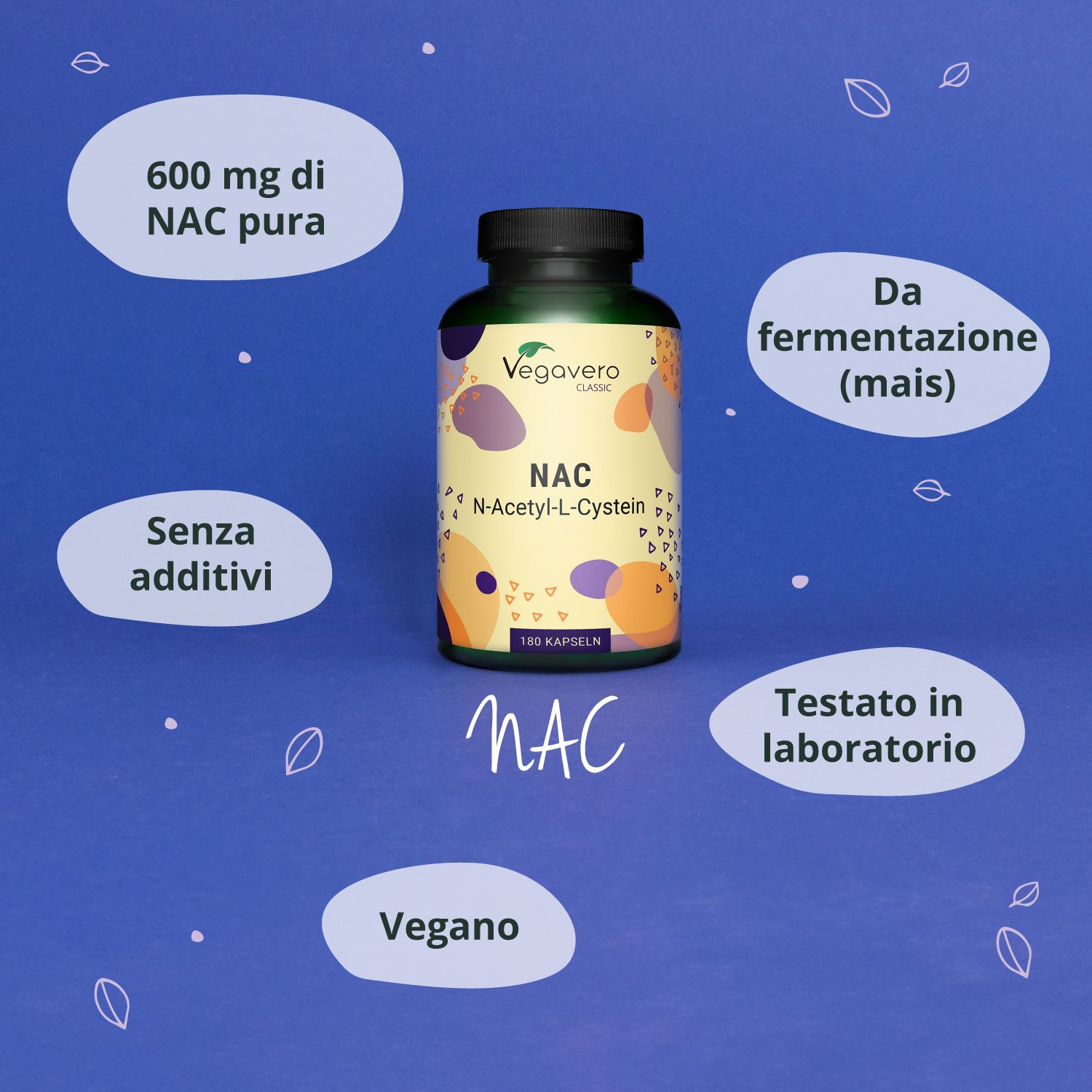 Flacone VEGAVERO NAC su sfondo blu. Scritta: NAC N-Acetil-L-Cisteina. 120 capsule. Informazioni aggiuntive.