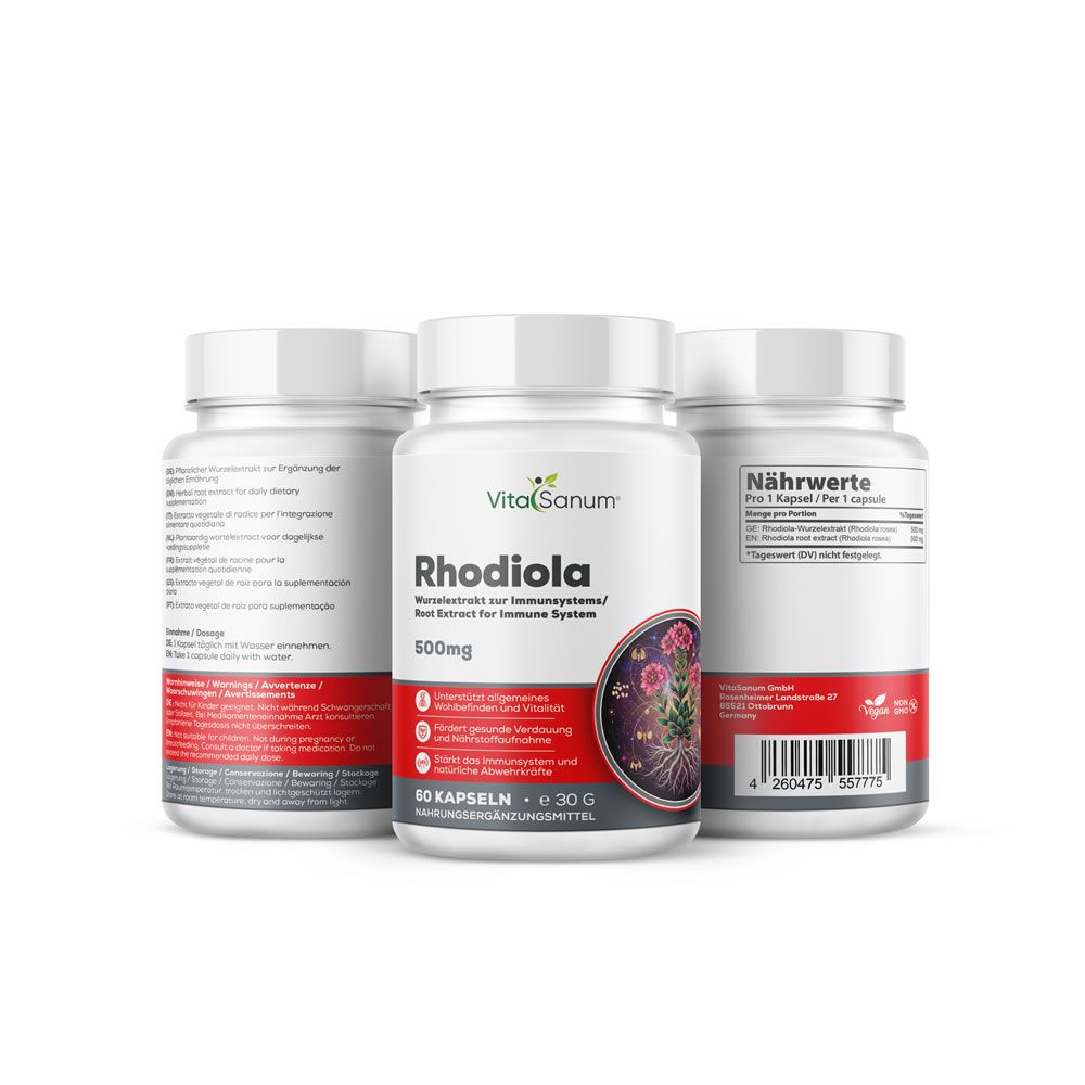 Tre flaconi bianchi VitaSanum Rhodiola. Etichette rosse con testo. 60 capsule. 500mg. Illustrazione di rhodiola.